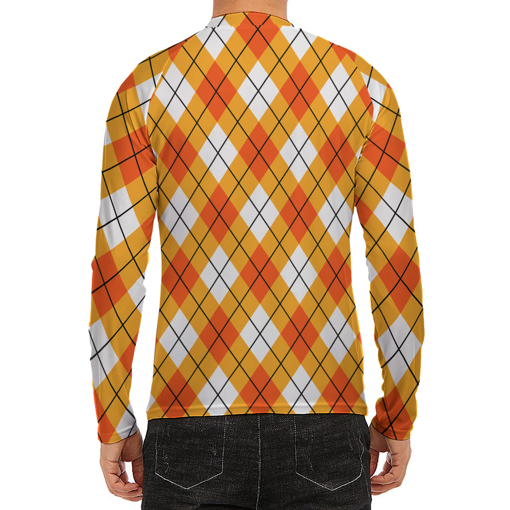 Orange And White Argyle Pattern Print Men's Long Sleeve Rash Guard