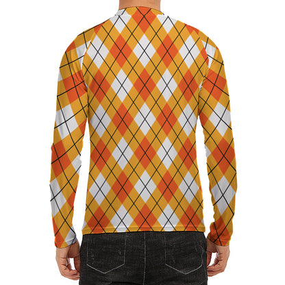 Orange And White Argyle Pattern Print Men's Long Sleeve Rash Guard