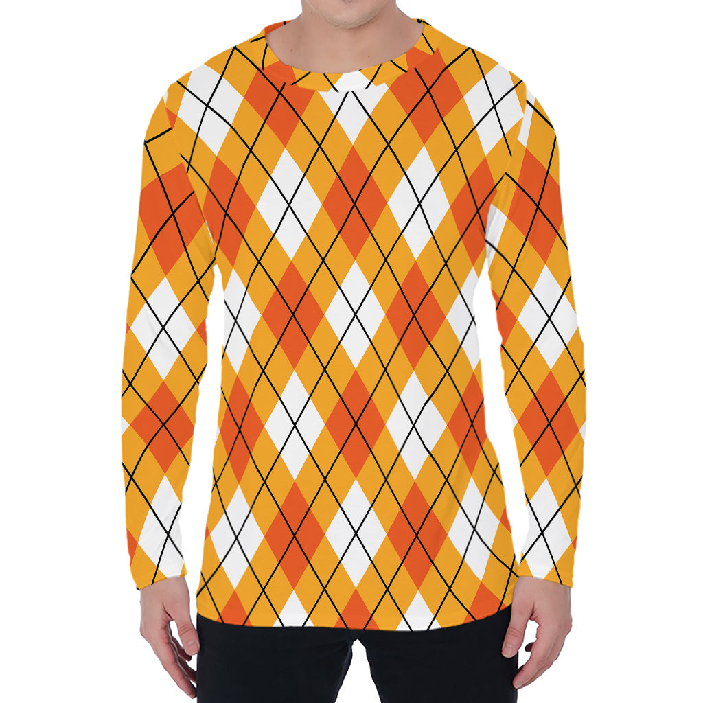 Orange And White Argyle Pattern Print Men's Long Sleeve T-Shirt
