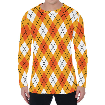Orange And White Argyle Pattern Print Men's Long Sleeve T-Shirt