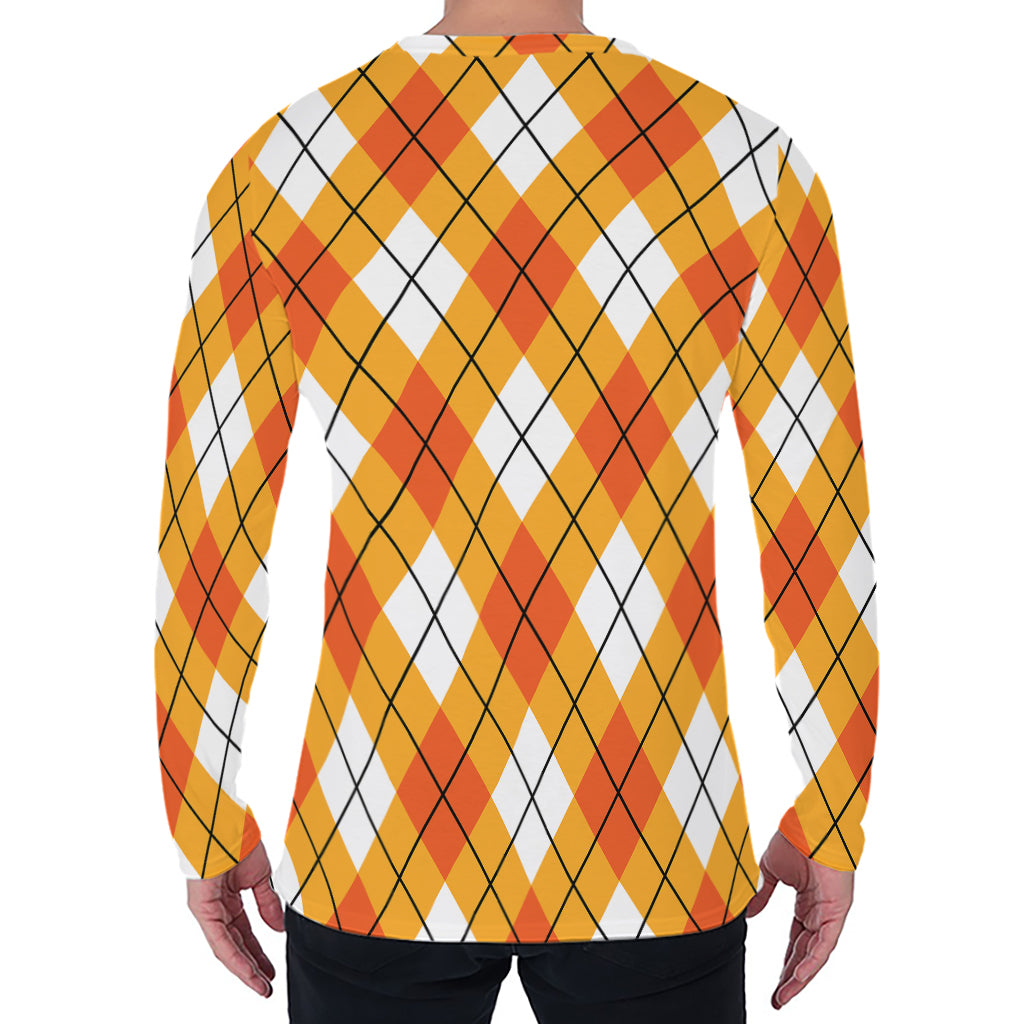 Orange And White Argyle Pattern Print Men's Long Sleeve T-Shirt