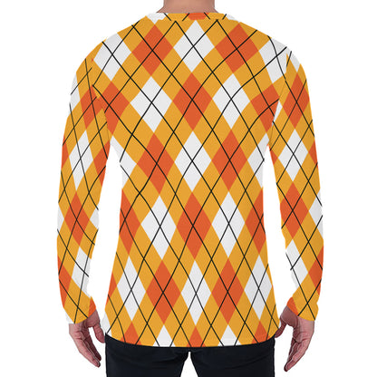 Orange And White Argyle Pattern Print Men's Long Sleeve T-Shirt