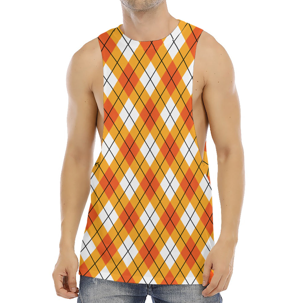 Orange And White Argyle Pattern Print Men's Muscle Tank Top