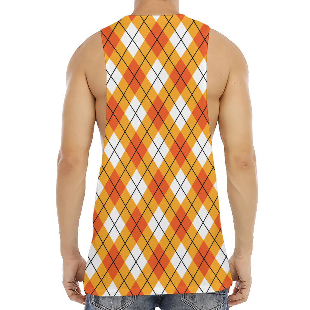 Orange And White Argyle Pattern Print Men's Muscle Tank Top