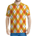 Orange And White Argyle Pattern Print Men's Polo Shirt