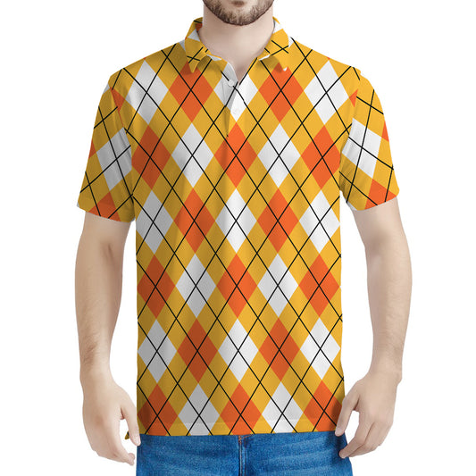 Orange And White Argyle Pattern Print Men's Polo Shirt