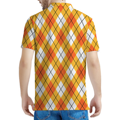 Orange And White Argyle Pattern Print Men's Polo Shirt