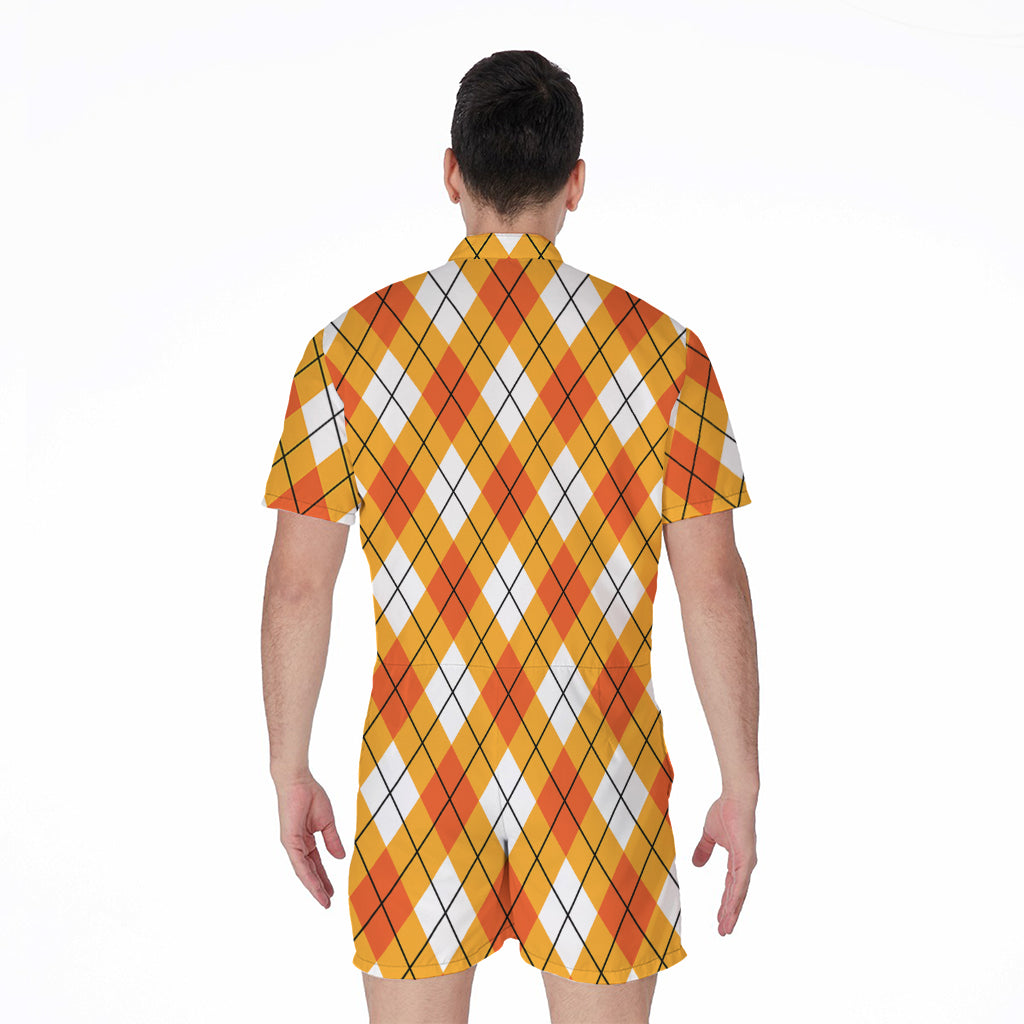 Orange And White Argyle Pattern Print Men's Rompers
