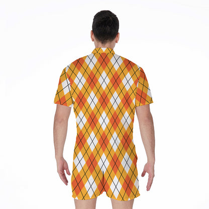 Orange And White Argyle Pattern Print Men's Rompers