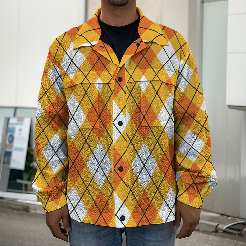 Orange And White Argyle Pattern Print Men's Shirt Jacket