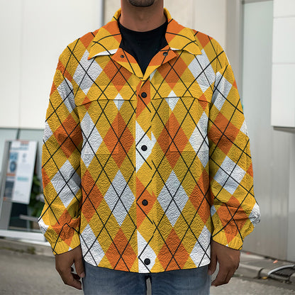 Orange And White Argyle Pattern Print Men's Shirt Jacket