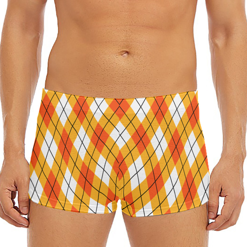 Orange And White Argyle Pattern Print Men's Short Boxer Briefs
