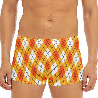 Orange And White Argyle Pattern Print Men's Short Boxer Briefs