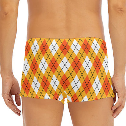 Orange And White Argyle Pattern Print Men's Short Boxer Briefs