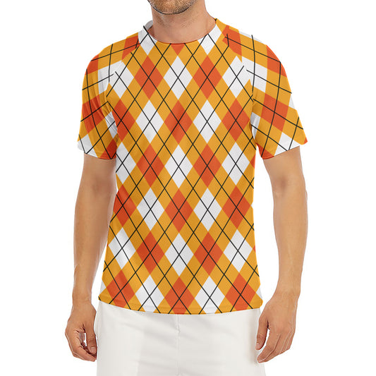Orange And White Argyle Pattern Print Men's Short Sleeve Rash Guard
