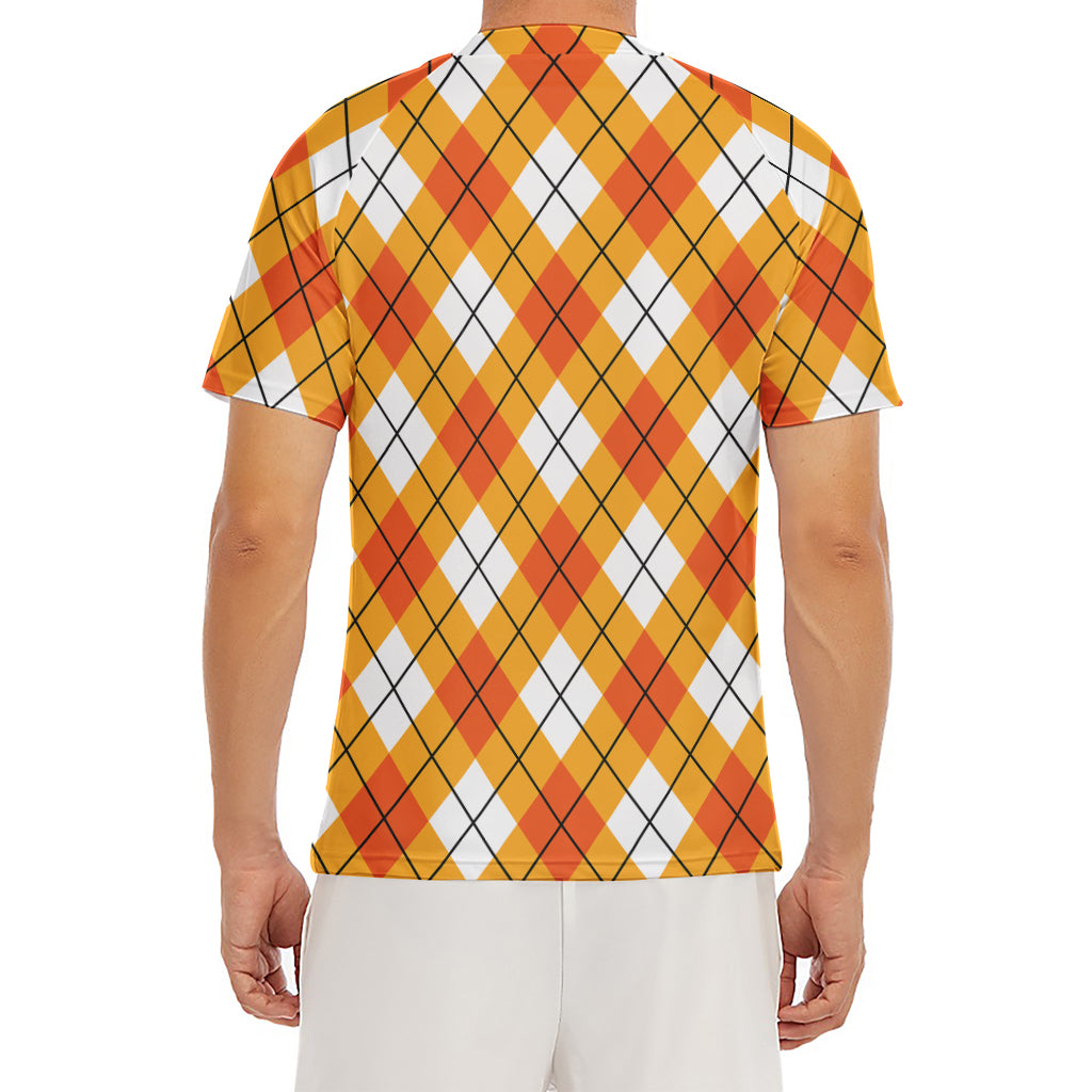 Orange And White Argyle Pattern Print Men's Short Sleeve Rash Guard