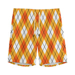 Orange And White Argyle Pattern Print Men's Sports Shorts