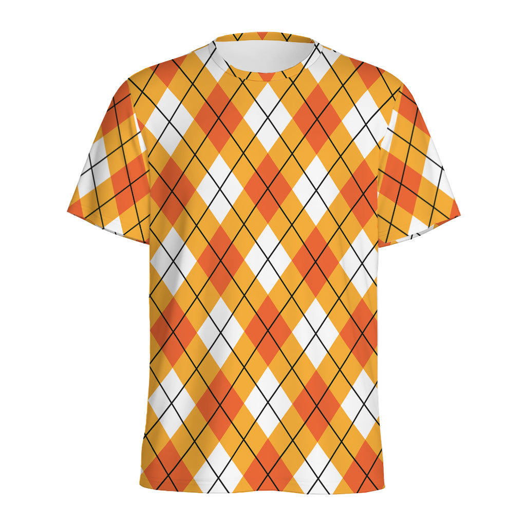 Orange And White Argyle Pattern Print Men's Sports T-Shirt
