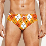 Orange And White Argyle Pattern Print Men's Swim Briefs