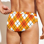 Orange And White Argyle Pattern Print Men's Swim Briefs