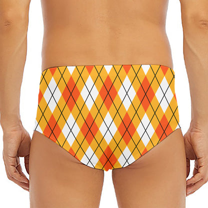 Orange And White Argyle Pattern Print Men's Triangle Swim Briefs