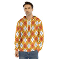 Orange And White Argyle Pattern Print Men's Velvet Pullover Hoodie