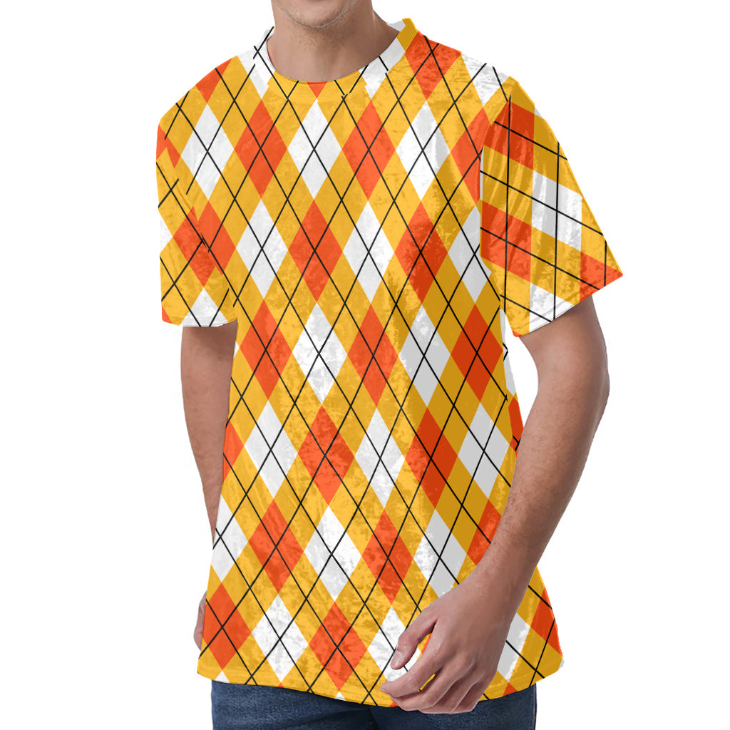 Orange And White Argyle Pattern Print Men's Velvet T-Shirt