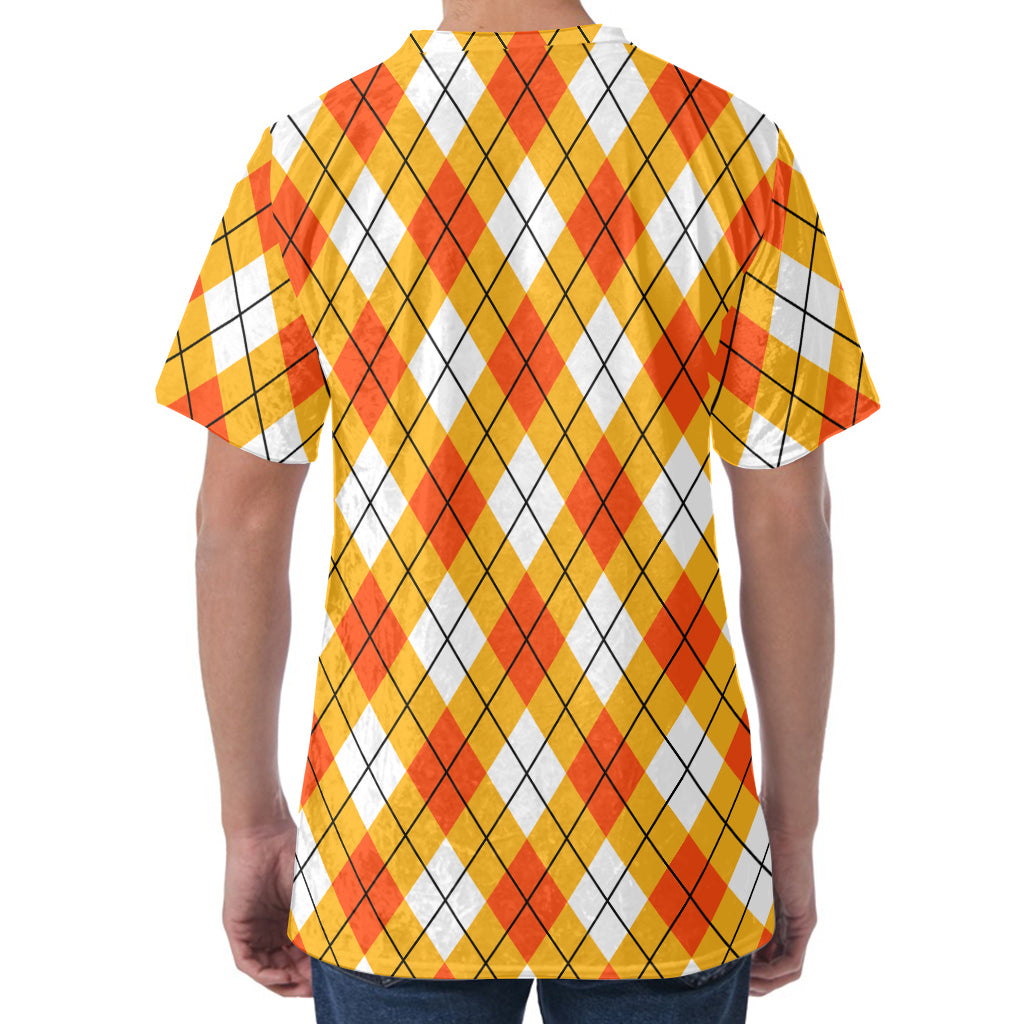 Orange And White Argyle Pattern Print Men's Velvet T-Shirt