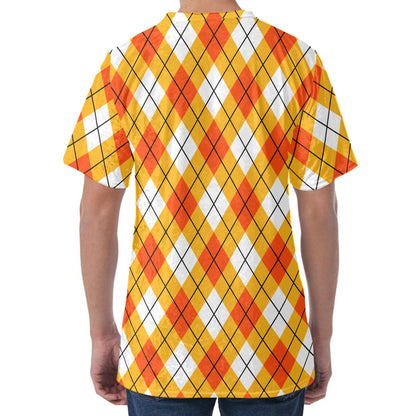 Orange And White Argyle Pattern Print Men's Velvet T-Shirt