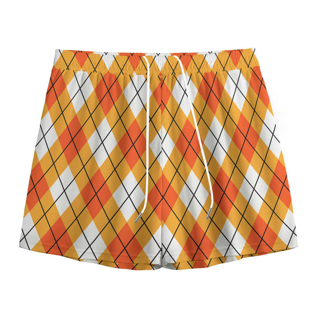 Orange And White Argyle Pattern Print Mesh Shorts