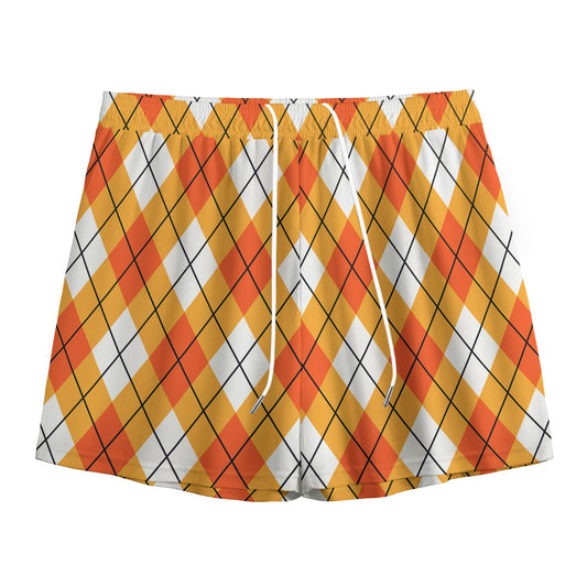 Orange And White Argyle Pattern Print Mesh Shorts