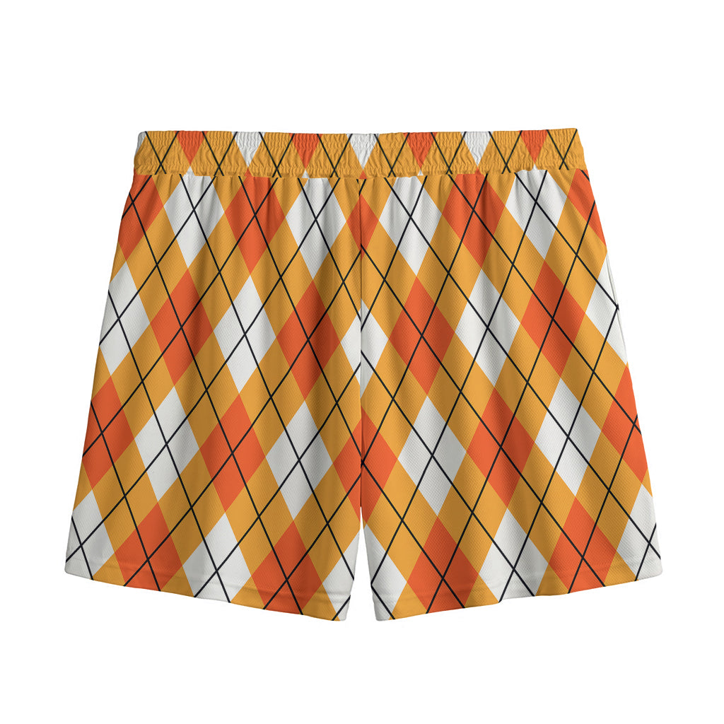 Orange And White Argyle Pattern Print Mesh Shorts