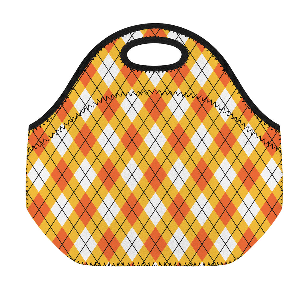 Orange And White Argyle Pattern Print Neoprene Lunch Bag