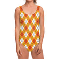 Orange And White Argyle Pattern Print One Piece Swimsuit