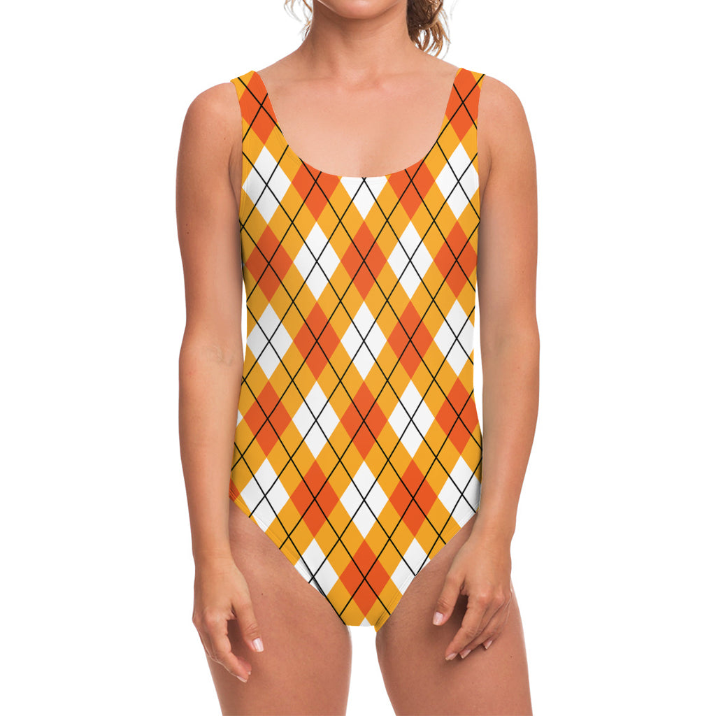Orange And White Argyle Pattern Print One Piece Swimsuit