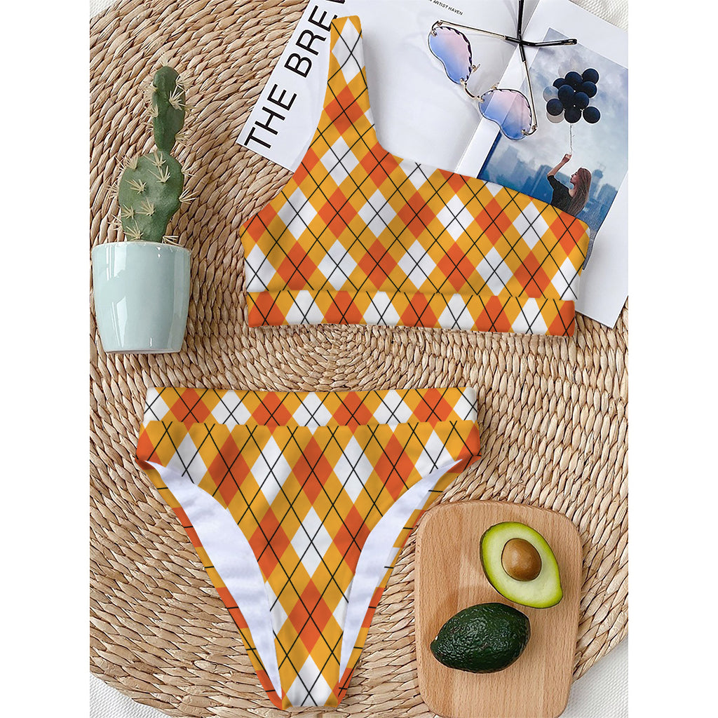Orange And White Argyle Pattern Print One Shoulder Bikini Top