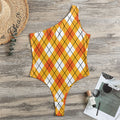 Orange And White Argyle Pattern Print One Shoulder Bodysuit