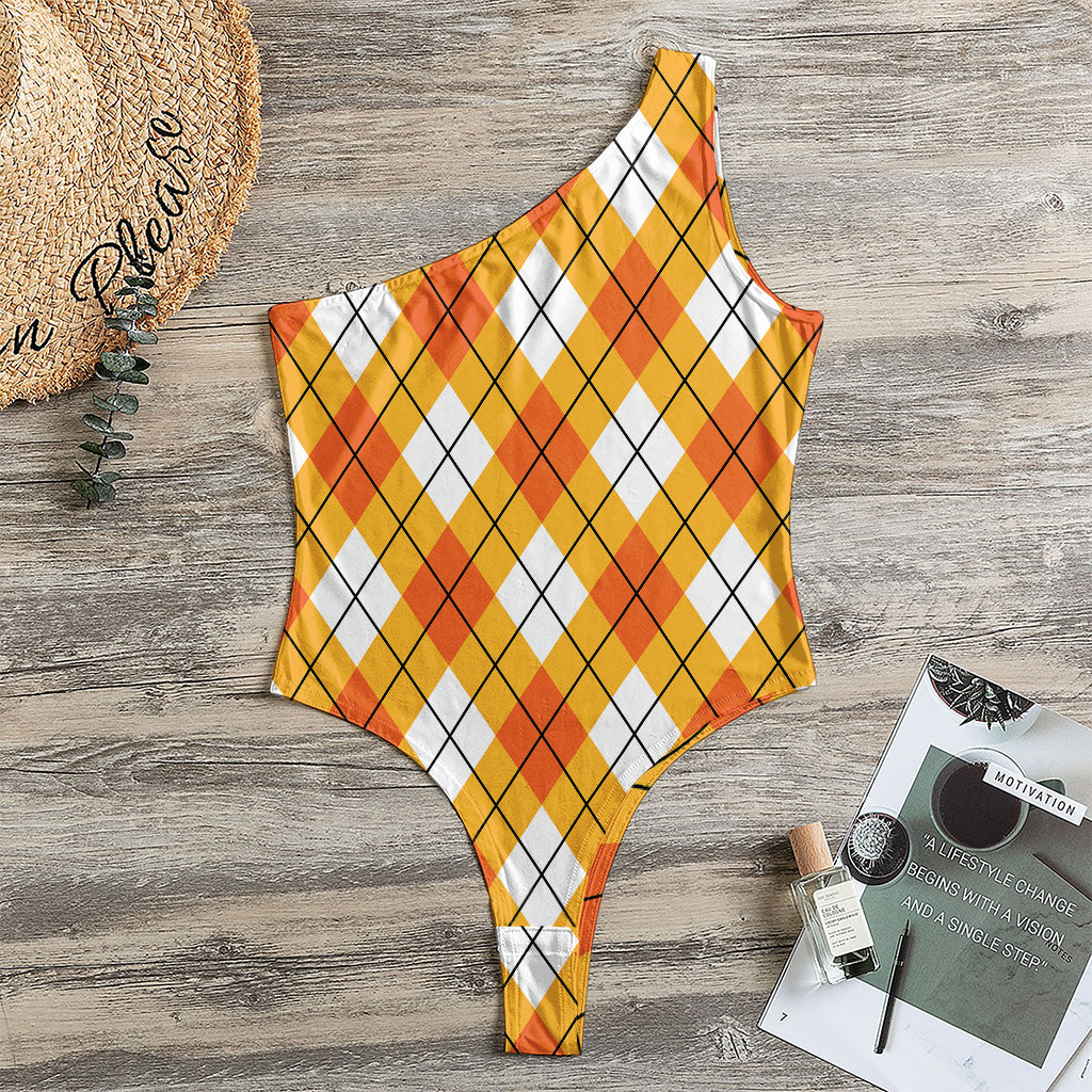 Orange And White Argyle Pattern Print One Shoulder Bodysuit