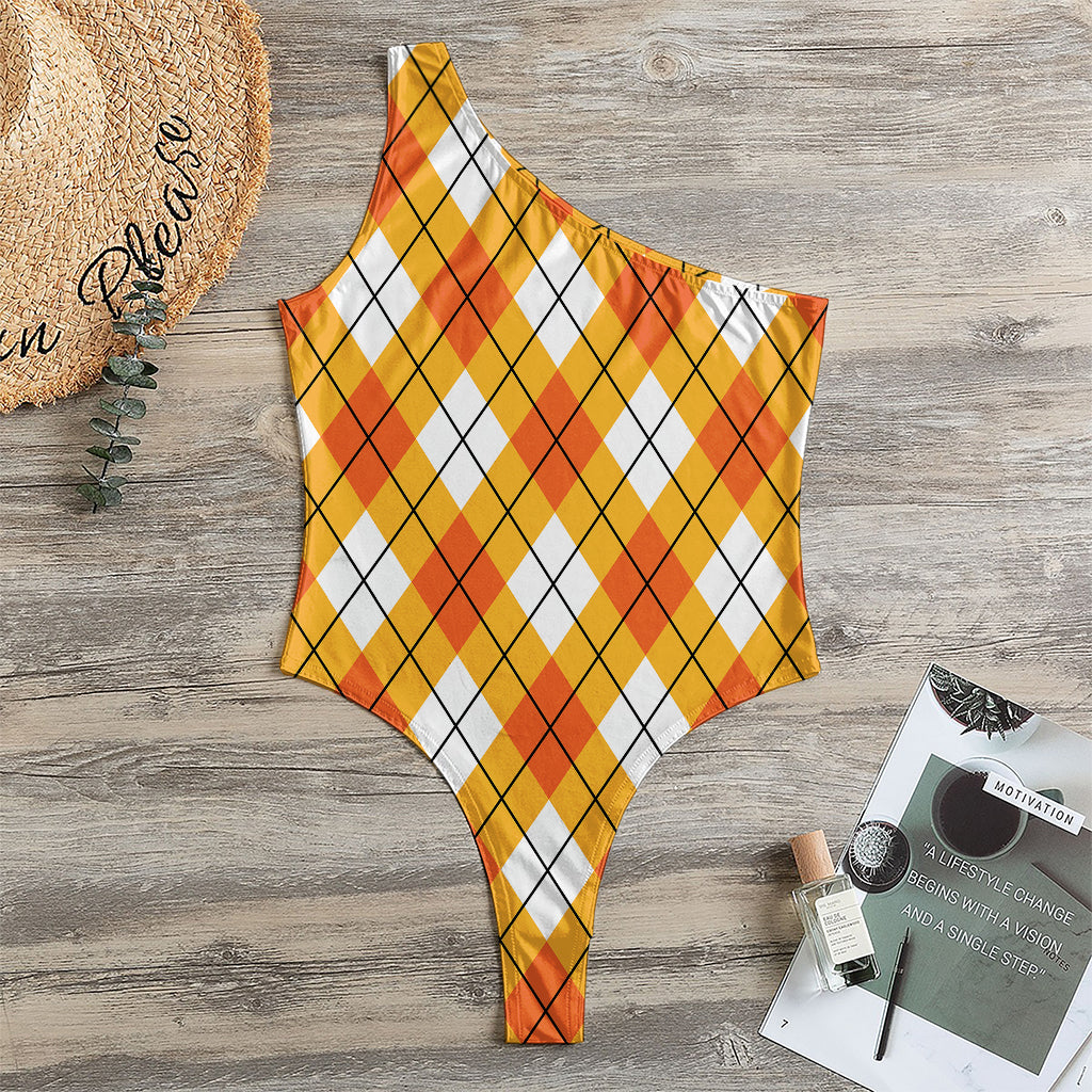 Orange And White Argyle Pattern Print One Shoulder Bodysuit