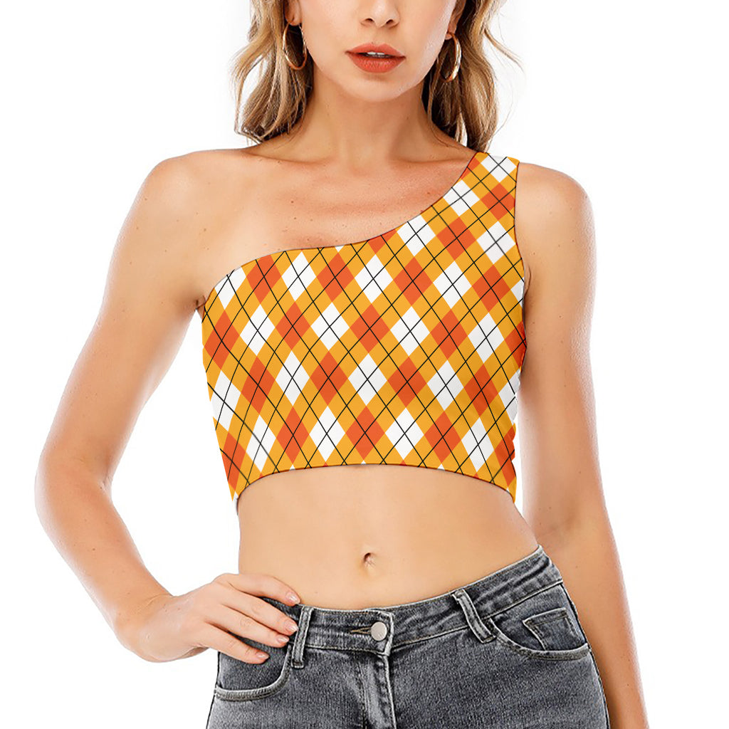 Orange And White Argyle Pattern Print One Shoulder Crop Top