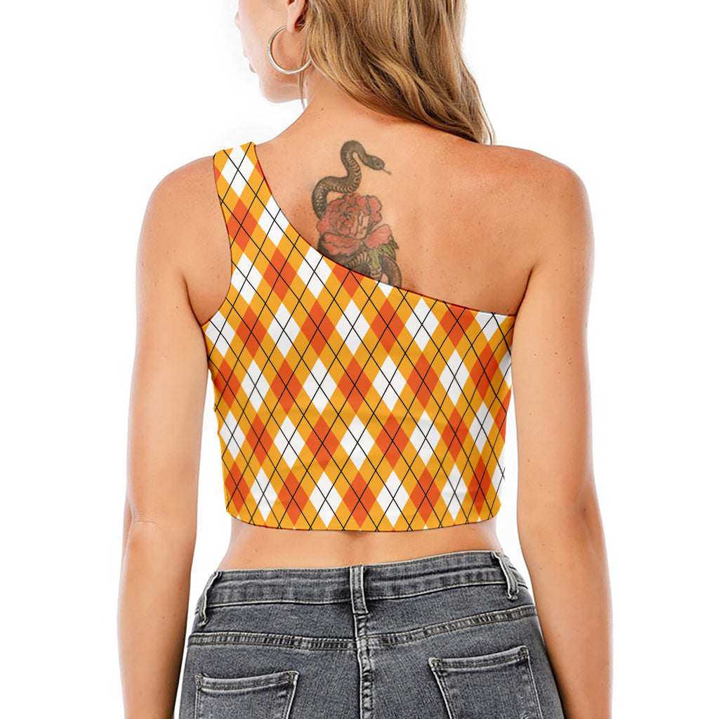 Orange And White Argyle Pattern Print One Shoulder Crop Top
