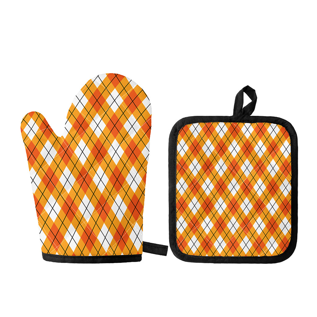 Orange And White Argyle Pattern Print Oven Mitt And Pot Holder Set