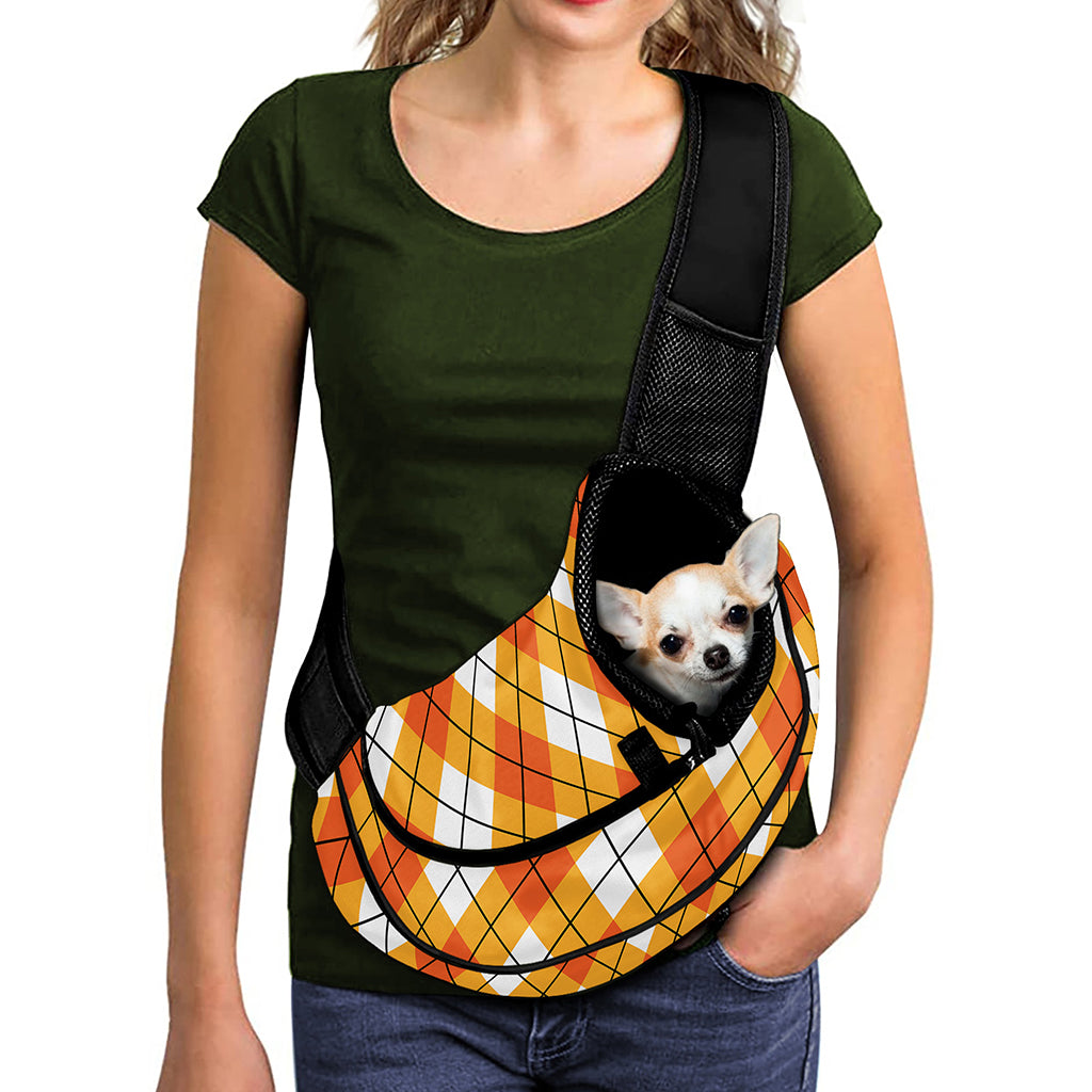 Orange And White Argyle Pattern Print Pet Sling Carrier
