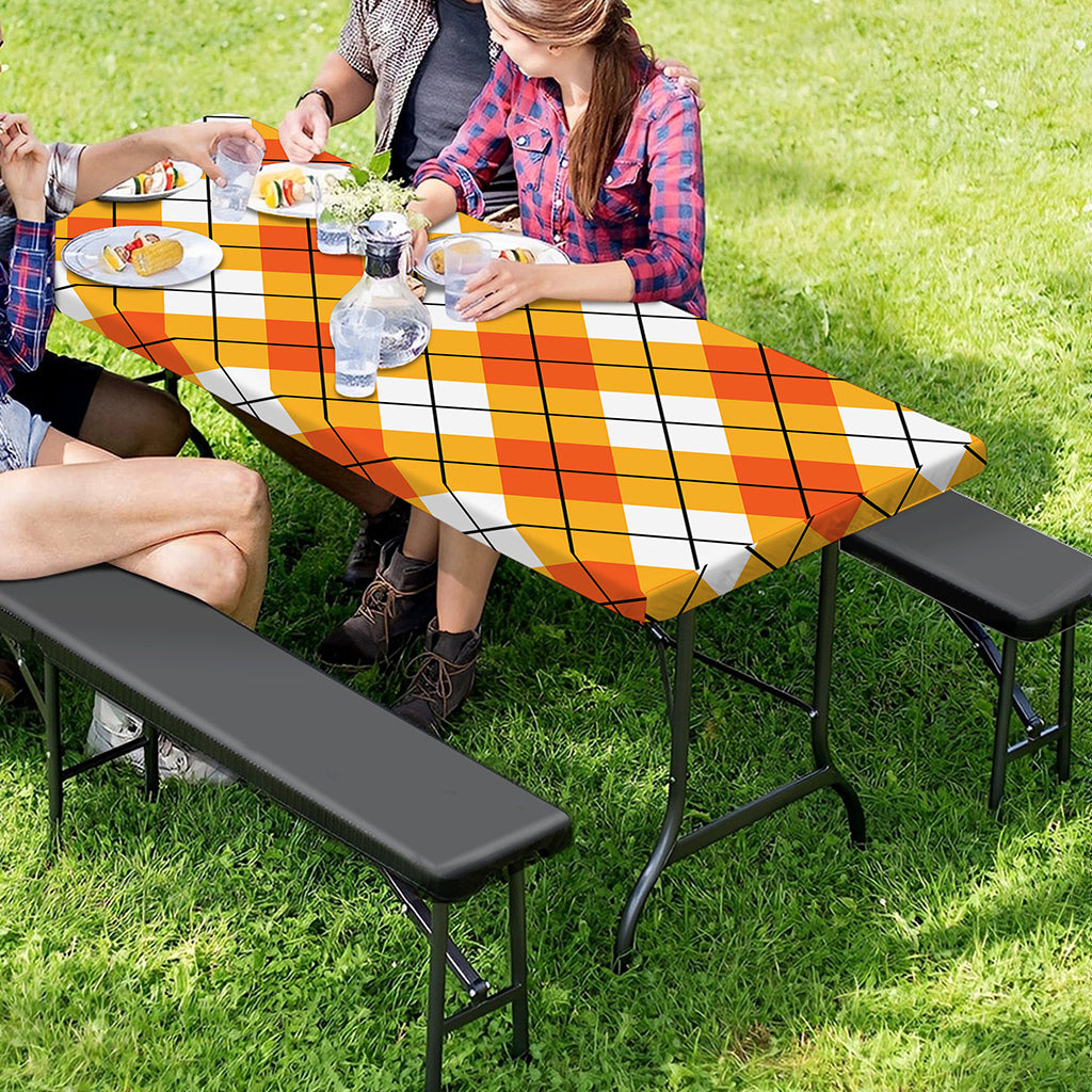 Orange And White Argyle Pattern Print Picnic Table Cover
