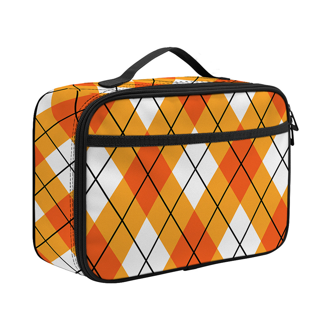 Orange And White Argyle Pattern Print Portable Lunch Bag