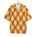 Orange And White Argyle Pattern Print Rayon Hawaiian Shirt
