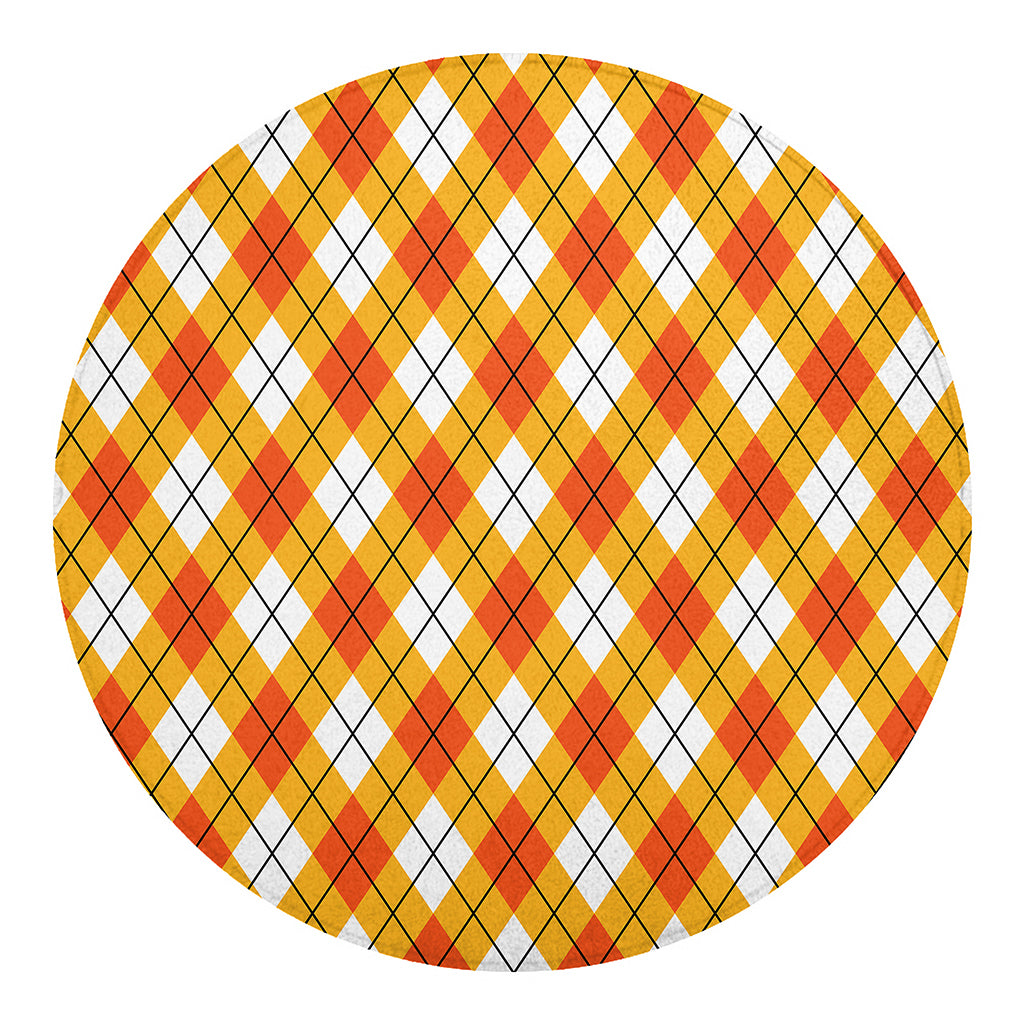Orange And White Argyle Pattern Print Round Blanket
