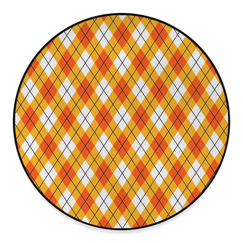 Orange And White Argyle Pattern Print Round Floor Mat