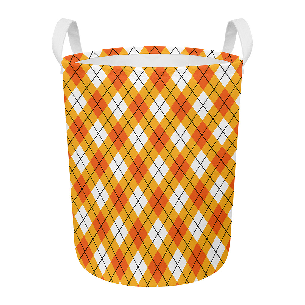 Orange And White Argyle Pattern Print Round Laundry Basket