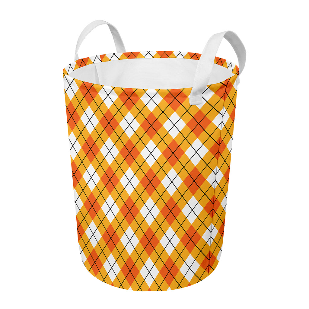 Orange And White Argyle Pattern Print Round Laundry Basket